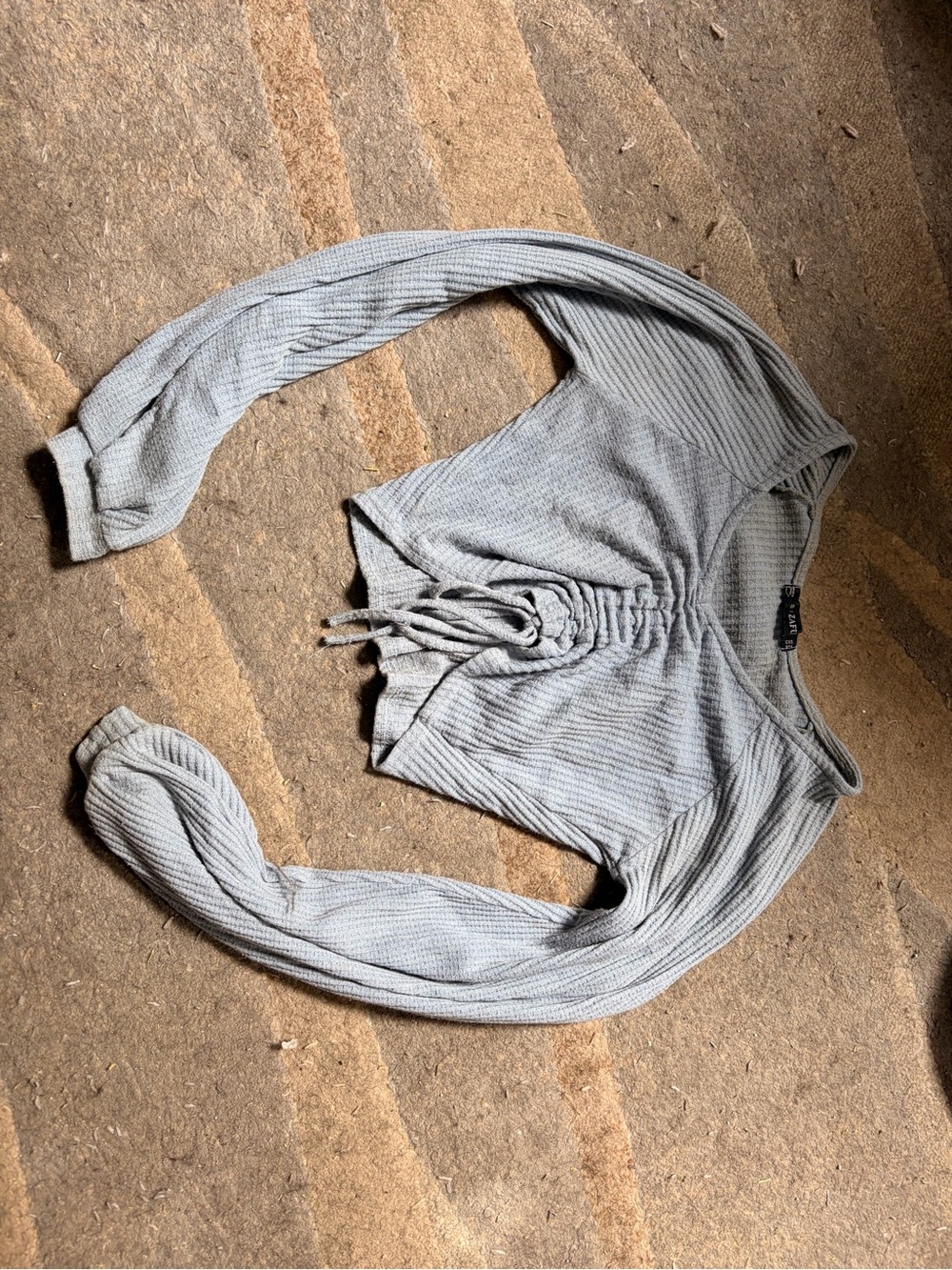 Blue Ribbed Drawstring Long Sleeve Crop Top